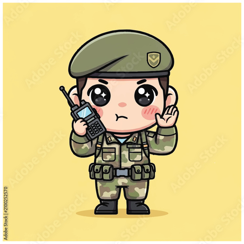 Cute cartoon soldier with radio.