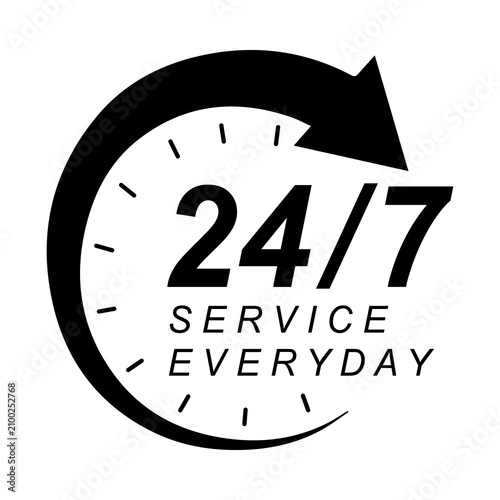 24/7 service icon, round clock symbol, customer support sign, everyday assistance, circular arrow business logo