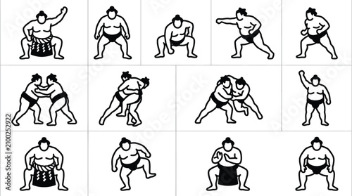 Sumo wrestlers in various fighting poses
