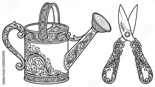Billede på lærred Ornate watering can and vintage pruning shears with decorative floral patterns a