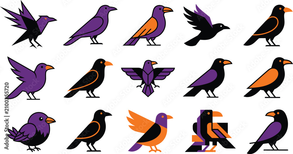 Fototapeta premium Collection of stylized raven and crow illustrations in various poses