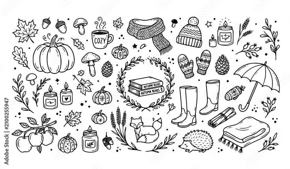 Fototapeta premium Autumn Cozy Doodle Elements Hand Drawn Line Art Vector Set