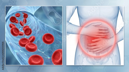 Cyclosporiasis outbreak. Medical illustration of red blood cells and abdominal pain