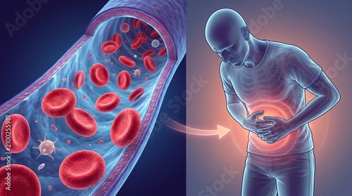 Medical illustration of blood cells in a vessel causing abdominal pain
