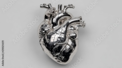 Chrome metallic heart on white background, close-up showing shiny reflective surface, polished metal texture, elegant design, modern decorative concept for artistic or romantic use.