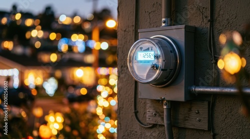 A modern electric meter mounted on a residential wall with a glowing bokeh background, symbolizing smart energy monitoring and efficient household electricity management. 