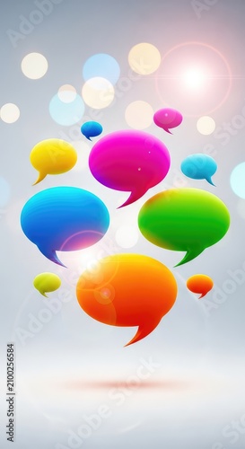 Vibrant multicolored speech bubbles float gracefully over a soft abstract background featuring glowing bokeh circles and bright light flares, bubbles, celebrate, artistic