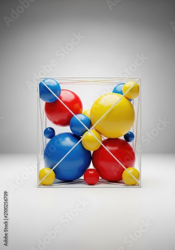 Vibrant primary colored spheres rest on a clean white surface within a minimalist geometric structure against a soft neutral backdrop, silence, object, artistic