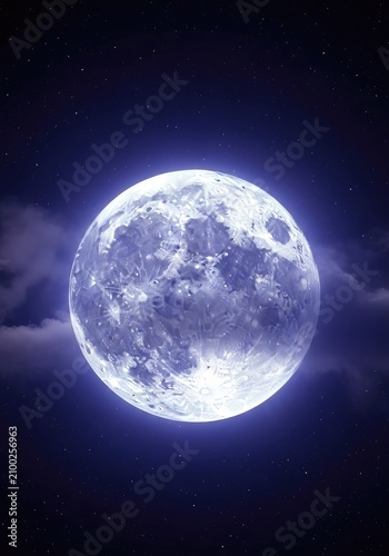 A bright full moon shines brilliantly in the dark velvet night sky, casting a silver glow over soft clouds and distant twinkling stars, dark, bright, shine