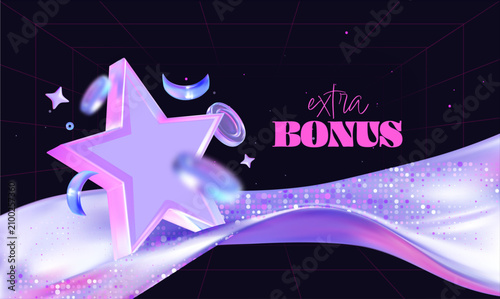 Bonus banner with holographic glass star, 3D confetti, pink glossy wave, lucky win typography and celebration promotion design for rewards, gifts or sales