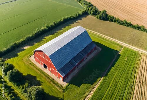Red barn with a gray roof s...