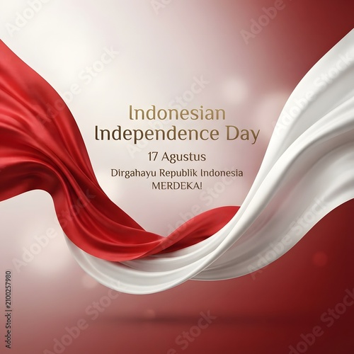 Indonesian independence day celebration banner with red and white fabric wave design