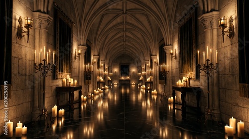 Gothic castle corridor with vaulted ceiling stone walls and flickering candles on marble floor dark.