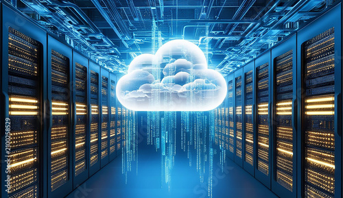 Rows of servers in a data center, representing the concept of cloud computing and data storage solutions.