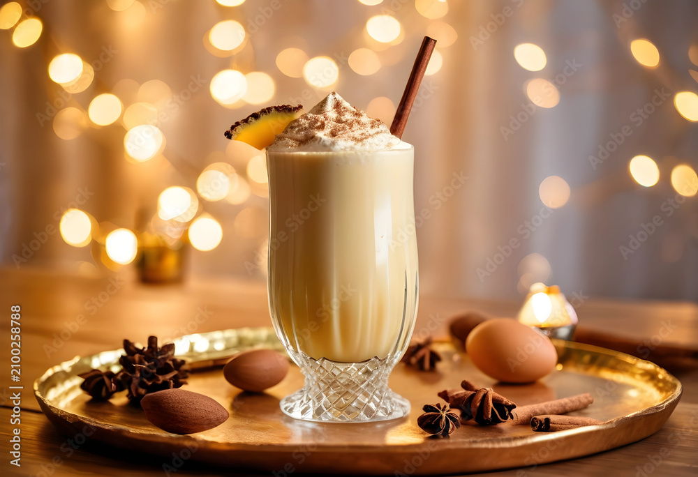 Fototapeta premium Creamy eggnog drink with whipped cream, cinnamon stick, and pineapple garnish on a festive golden tray with spices and eggs