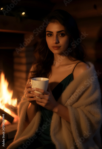 Young woman in a fur shawl ...