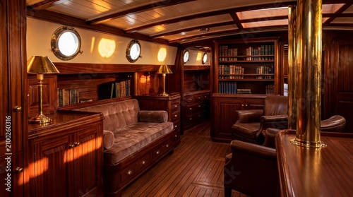 nautical interior design, elegant yacht cabin with rich teak and mahogany, illuminated by evening light