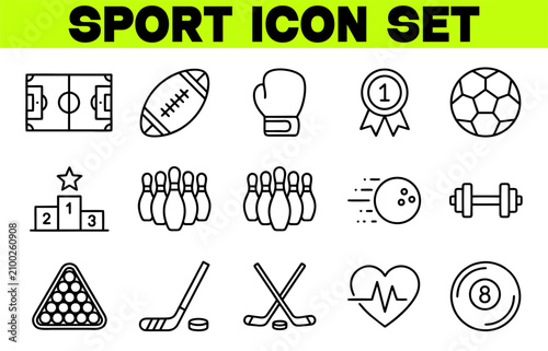 Sport Icons Set with Soccer, Boxing, Bowling, Billiards, Hockey and Fitness Icons, Outline Icon Collection, Editable Stroke Vector Illustration