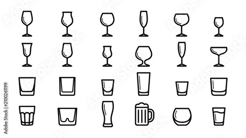 Fotografía Variety of wine beer cocktail glasses and mugs icons set