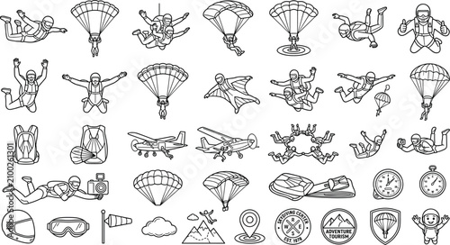 Skydiving and Extreme Parachuting Adventure Icon Set with Skydivers Tandem Jumps Wingsuit Flying Aircraft and Extreme Sports Line Art VectorSkydiving and Extreme Parachuting Adventure Icon Set with Sk