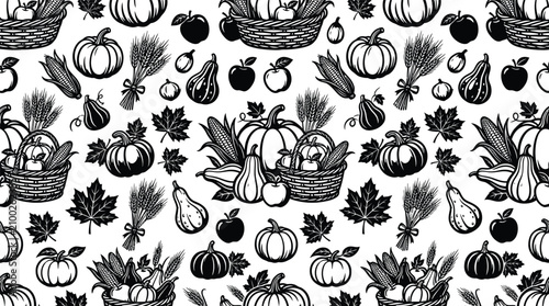 Bild auf Leinwand Black and white seamless pattern of autumn harvest elements featuring pumpkins, wicker baskets with fruit, corn stalks, wheat sheaves, maple leaves, and apples on a white background