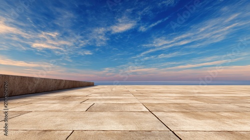 A serene landscape featuring a minimalist stone surface extending towards a tranquil sky
