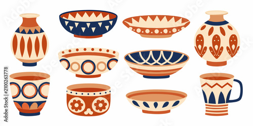Photos Collection Of Ceramic Vessels Including Vases Illustrated Vector Style