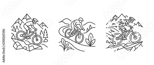 Dynamic mountain biking line art illustration set of outdoor cycling adventure activities