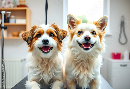 Two happy fluffy dogs with ...