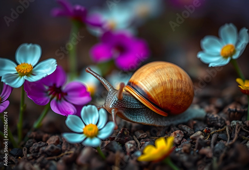 Garden snail crawling among...