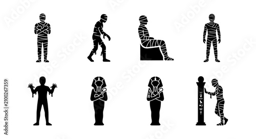 Obraz na płótnie Mummy Icon Set, Egyptian Pharaoh Sarcophagus, Halloween Horror Character Silhoue