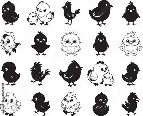 Set of chicks, hens, and roosters vector icons
