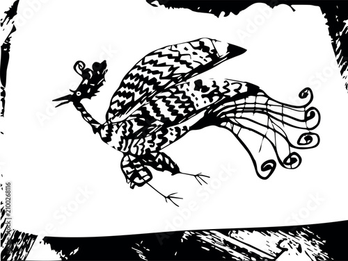Primitive folk fantasy bird sketch isolated on white
