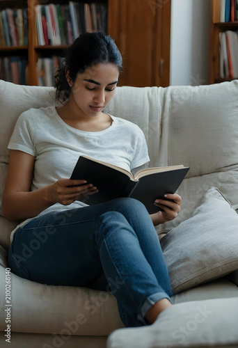 Young indian woman reading ...