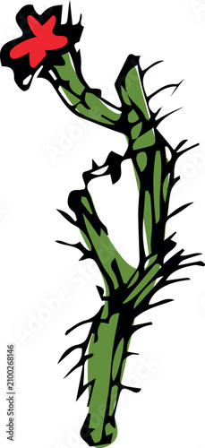 Hand drawn blooming desert cactus with thorns isolated on white