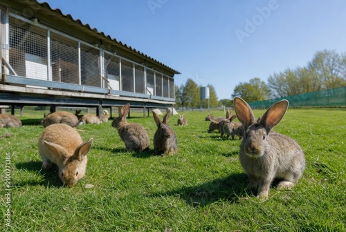Group of cute fluffy rabbits grazing on vibrant green grass at sunny outdoor farm, domestic bunnies roaming near hutch, authentic rural livestock scene, wide angle, bright natural daylight, peaceful