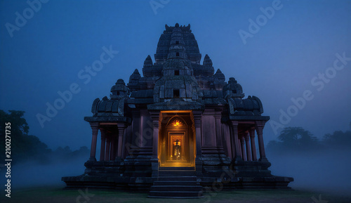 A temple shrouded in fog, illuminated by soft light, creating a mysterious atmosphere at night.