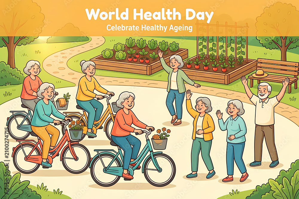 Obraz premium World Health Day celebration with diverse seniors cycling outdoors. Active elderly group riding bikes in vibrant community health awareness event.