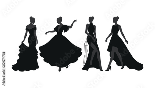 Tableau sur toile Set of elegant women in black evening gowns silhouettes isolated on white backgr