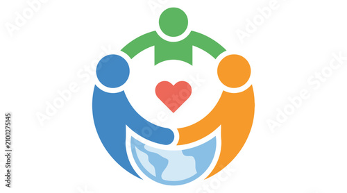 People embracing earth with heart symbol colorful vector illustration on white background