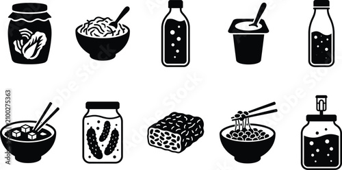 Minimal Fermented Foods Icon Set Black Silhouette Vector Collection
