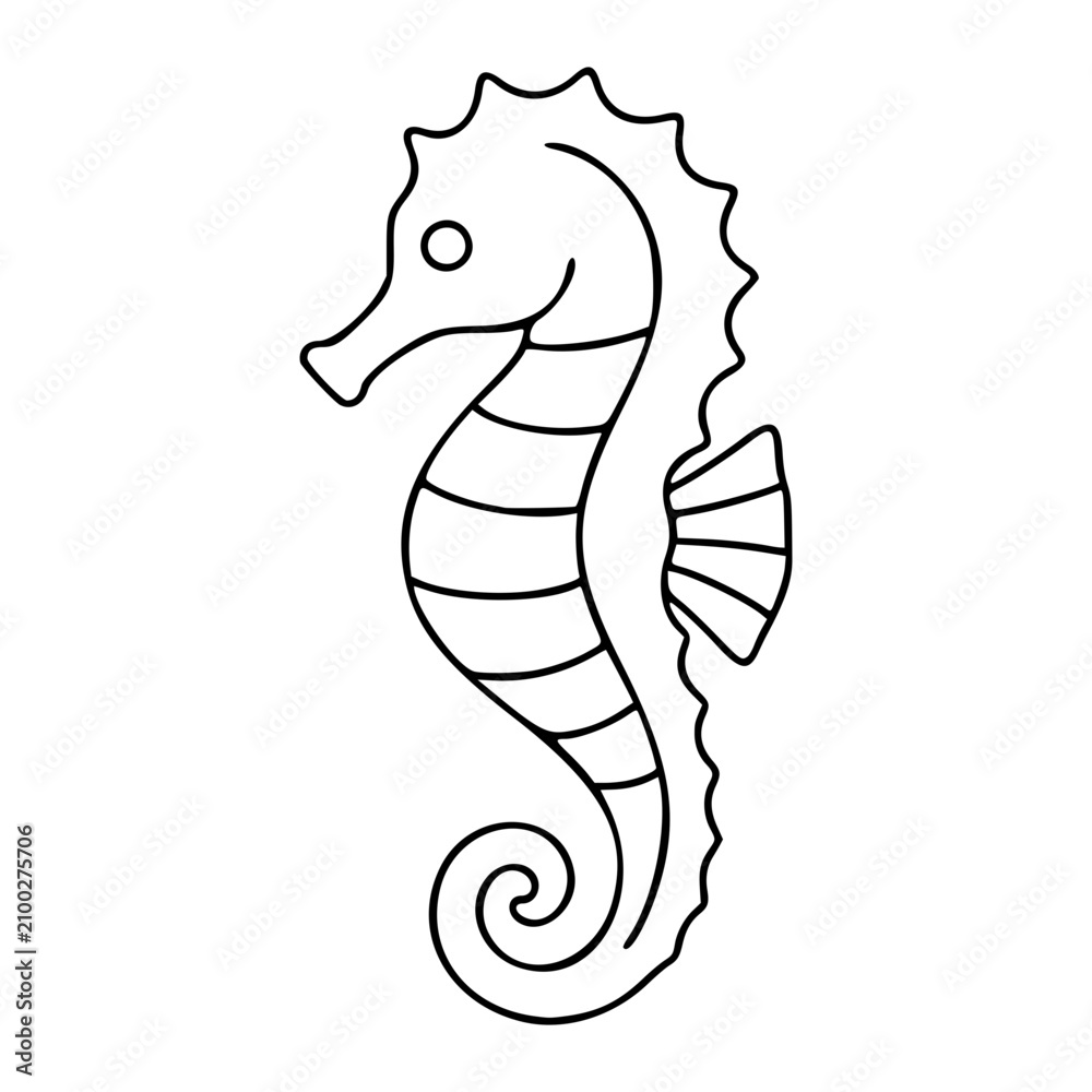 Fototapeta premium Elegant hand-drawn minimalist vector icon illustration showing a seahorse with swirling tail and textured fins in precise black outline line art style ideal for scalable ocean wildlife designs and