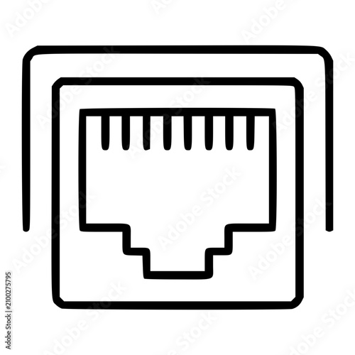 Clean hand-drawn minimalist vector icon illustration of an ethernet port connector with detailed pin layout in black outline line art style perfect for scalable technology network hardware designs