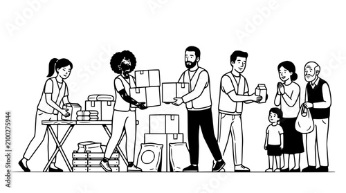 Fotografía Diverse volunteers distributing aid boxes and supplies to grateful recipients