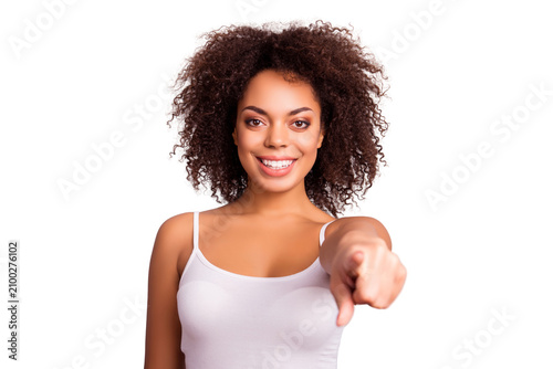 Fotografía Portrait of pretty, charming, cute, sweet, lovely, modern girl showing forefinge