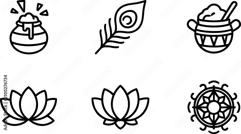 Fototapeta premium A collection of six minimalist line art icons representing traditional Indian cultural symbols including a butter pot, peacock feather, lotus flower, and mandala design.
