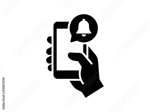 Black and White Smartphone Notification Icon Vector, Hand Holding Mobile Phone with Alert Bell Silhouette Isolated on White Background