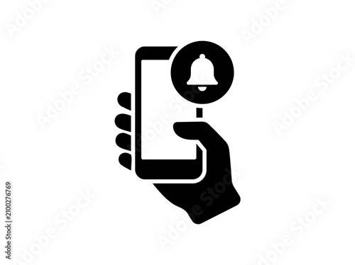 Black and White Smartphone Notification Icon Vector, Hand Holding Mobile Phone with Alert Bell Silhouette Isolated on White Background
