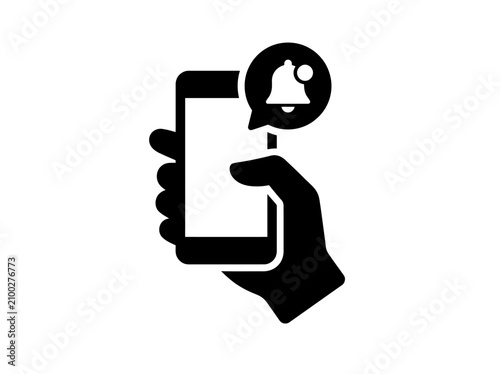 Black and White Smartphone Notification Icon Vector, Hand Holding Mobile Phone with Alert Bell Silhouette Isolated on White Background