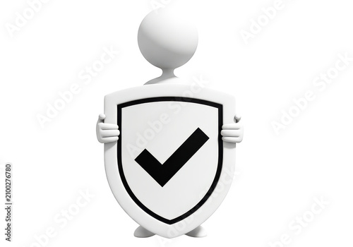 Stylized robot holding a shield with check mark symbol for approval isolated on transparent background
